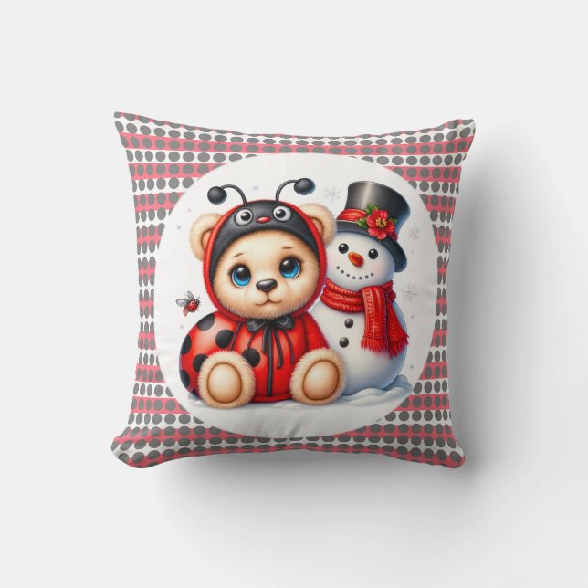 Nalle Ladybug med Snögubbe Baby Shower Gift Kudde (Framsida)