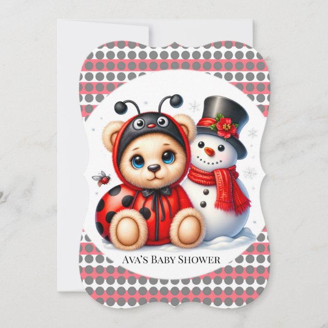 Nalle Ladybug med Snögubbe Baby Shower Inbjudningar (Framsida)