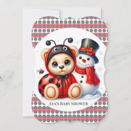 Nalle Ladybug med Snögubbe Baby Shower Inbjudningar
