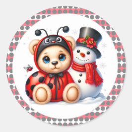 Nalle Ladybug med Snögubbe Baby Shower Runt Klistermärke