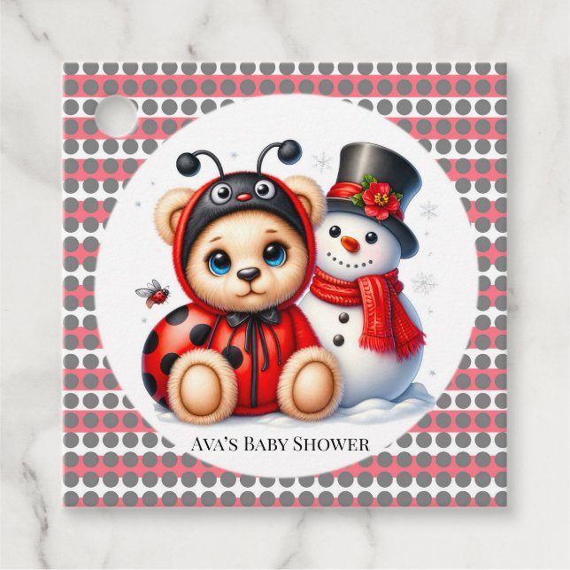 Nalle Ladybug med Snögubbe Baby Shower Tack Gåvor Etiketter (Framsida)