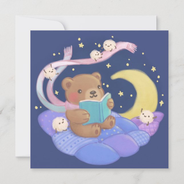 Nalle Läsning med fluffy Monsters Illustration Inbjudningar (Framsida)