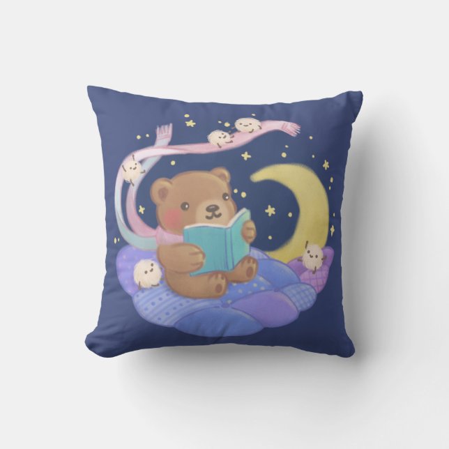 Nalle Läsning med fluffy Monsters Illustration Kudde (Framsida)