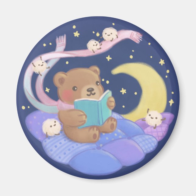 Nalle Läsning med fluffy Monsters Illustration Magnet (Framsidan)