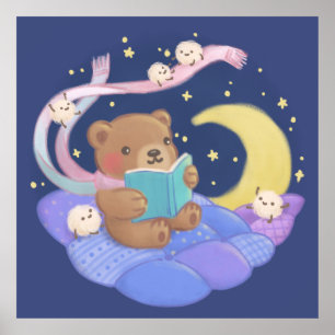 Nalle Läsning med fluffy Monsters Illustration Poster