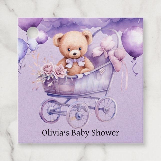 Nalle Lavender Carriage Girl Baby Shower Gåvor Etiketter (Framsida)