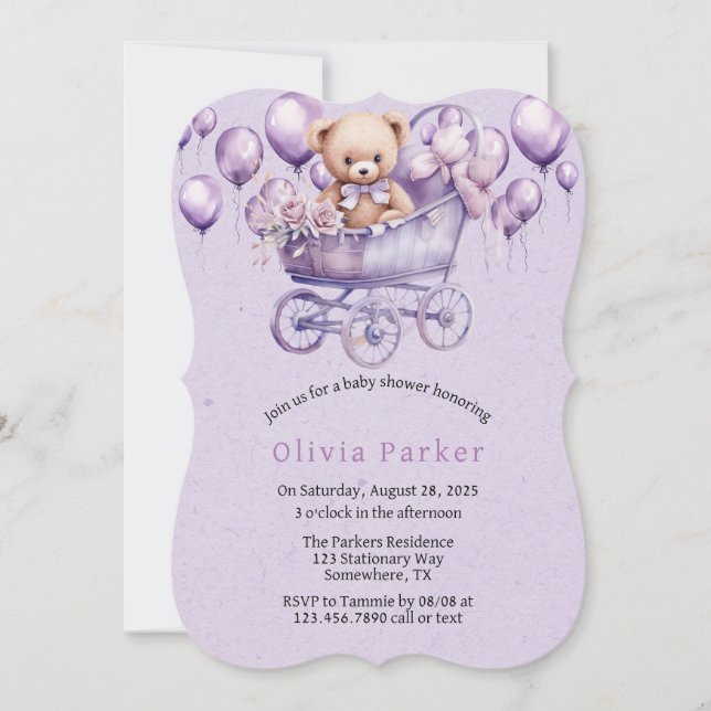 Nalle Lavender Carriage Girl Baby Shower Inbjudningar (Framsida)