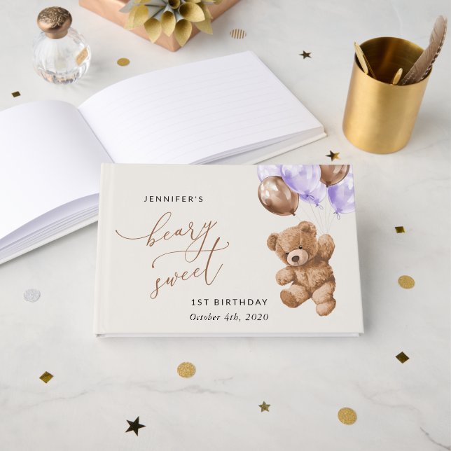 Nalle, Lila ballonger, första födelsedag Gästböcker (Framsida öppen)