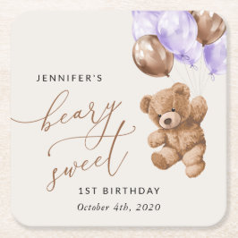 Nalle, Lila ballonger, första födelsedag Underlägg Papper Kvadrat