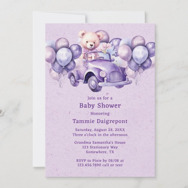 Nalle Lila Balloons Car Girl Baby Shower Inbjudningar (Framsida)