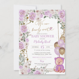 Nalle Lila Blommigt Balloons Girl Baby Shower Inbjudningar