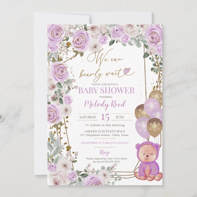 Nalle Lila Blommigt Balloons Girl Baby Shower Inbjudningar (Framsida)
