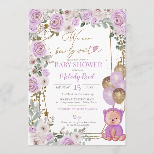 Nalle Lila Blommigt Balloons Girl Baby Shower Inbjudningar (Framsida)
