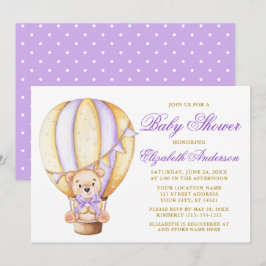 Nalle Lila Bow Luft Balloon Dots Baby Shower Inbjudningar