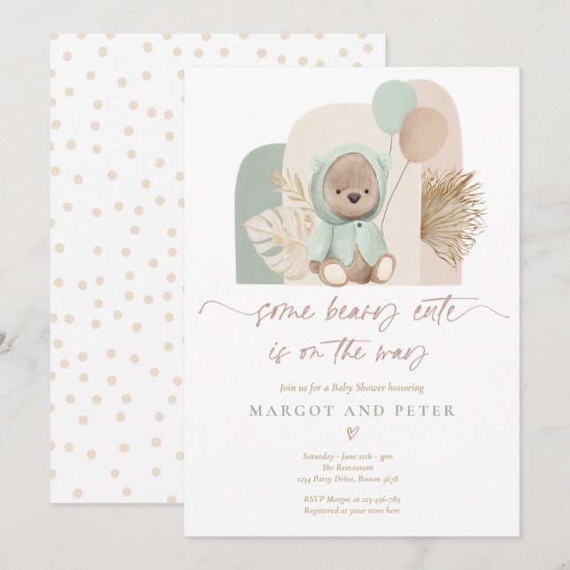 Nalle Lite Beary Cute Boho Baby Shower Inbjudningar (Fram/baksida)