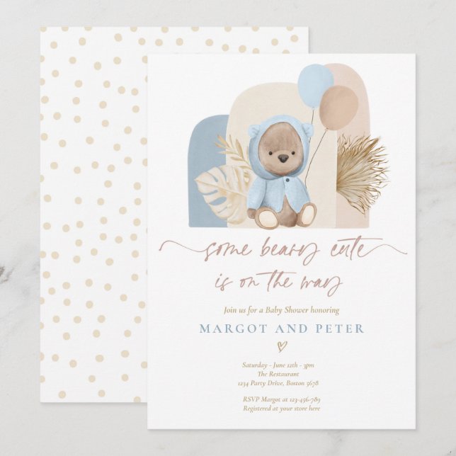 Nalle Lite Beary Cute Boho Baby Shower Inbjudningar (Fram/baksida)