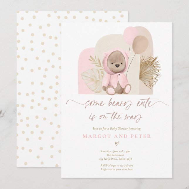Nalle Lite Beary Cute Boho Baby Shower Inbjudningar (Fram/baksida)