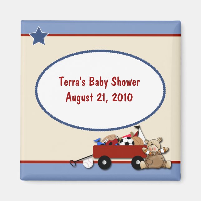 Nalle Little Red Wagon Baby Shower Magnet (Framsidan)