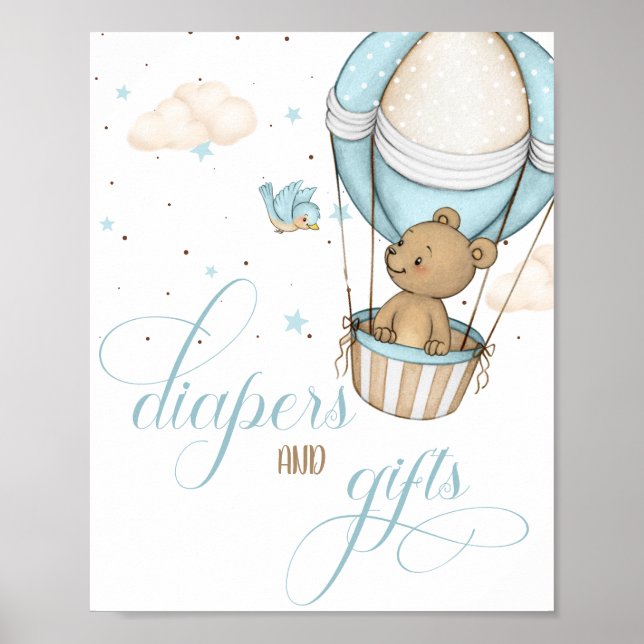 Nalle Luft Ballon Baby Shower Diaper & Gift Poster (Framsidan)