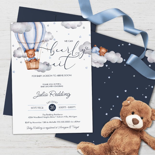 Nalle Luft Ballon Barly Wait Baby Shower Inbjudningar (Skapare uppladdad)