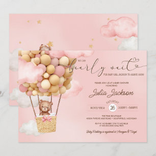 Nalle Luft Balloon Rosa Cloud Girl Baby Shower Inbjudningar