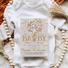 Nalle Luftballong Baby Shower Guld Tan Inbjudningar