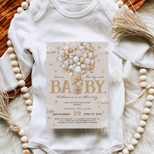 Nalle Luftballong Baby Shower Guld Tan Inbjudningar (Skapare uppladdad)