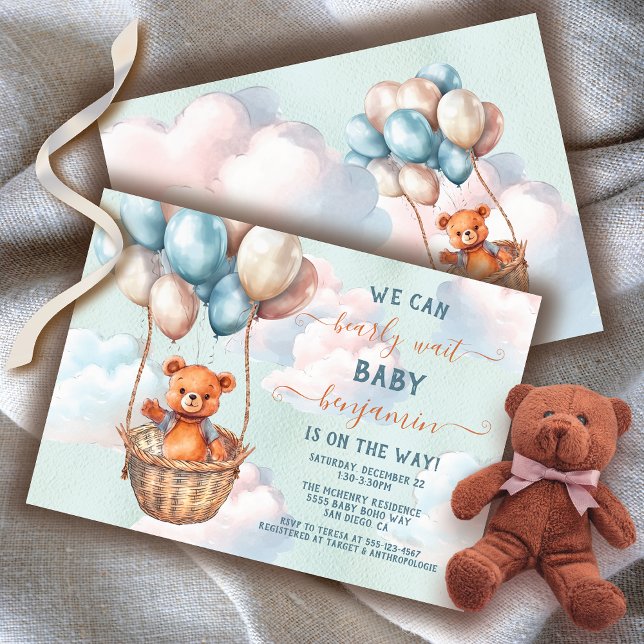 Nalle Luftballong Baby Shower Inbjudningar (Matching items available!)