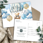Nalle Luftballong Baby Shower Vykort<br><div class="desc">Fantastisk vattenfärgsgrafik med nalle i nyans,  brunt och blått. Underbara pojke-babyduschtema. Vattenfärgskmoln,  ballonger,  luftballong och söt nalle. Anpassningsbar-/personlig-inbjudningar till babydusch. Tillgänglig som digital nedladdning. Leta efter matchande artiklar i min babyduschkategori i butiken.</div>