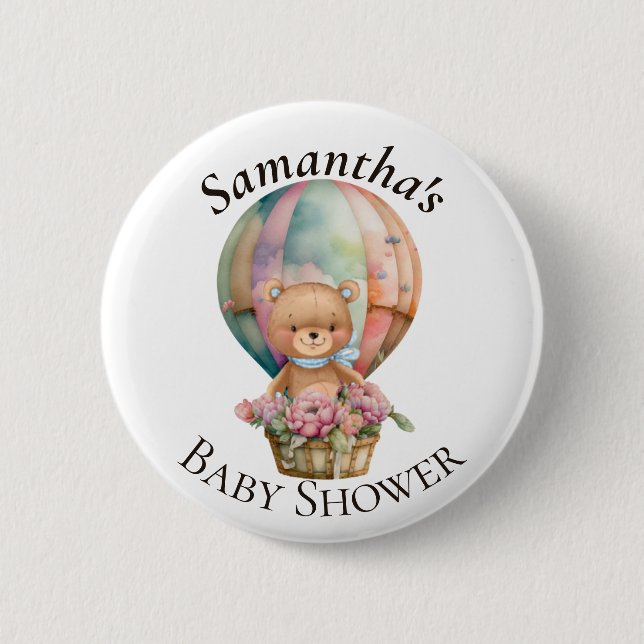 Nalle Luftballong Blue Baby Shower Knapp (Framsida)