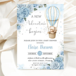 Nalle Luftballong Blue Blommigt Baby Shower Inbjudningar