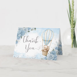 Nalle Luftballong Blue Blommigt Baby Shower Tack Kort