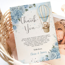 Nalle Luftballong Blue Blommigt Baby Shower Tack Kort
