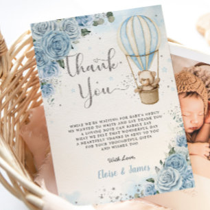 Nalle Luftballong Blue Blommigt Baby Shower Tack Kort