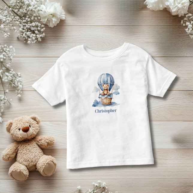 Nalle Luftballong Blue Boy Personlig T Shirt (Teddy Bear Hot Air Balloon, blue baby toddler boy personalized T-shirt. New baby gift Baby shower)