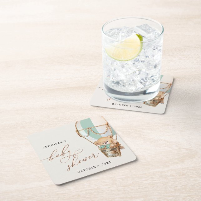 Nalle, Luftballong för Grönt, babyskor Underlägg Papper Kvadrat (Insitu)