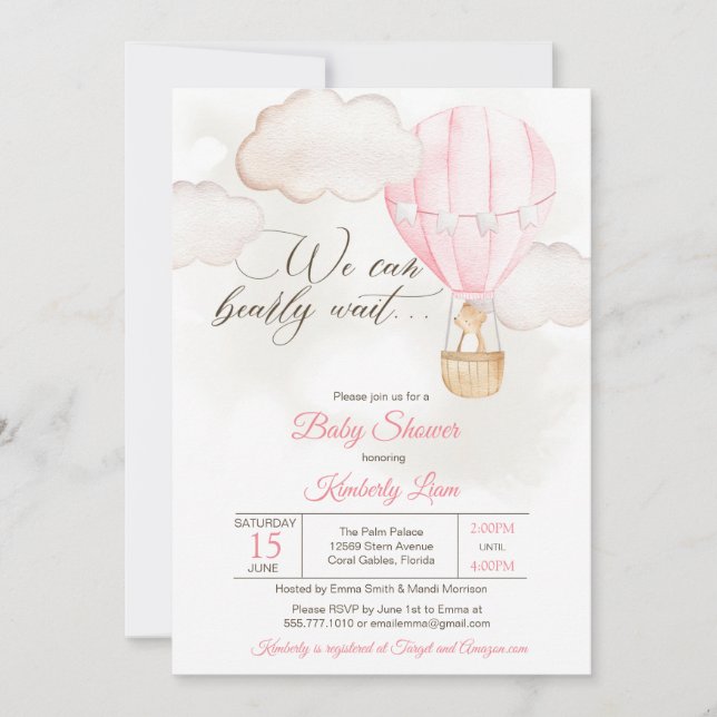 Nalle Luftballong Girl Baby Shower Inbjudningar (Framsida)