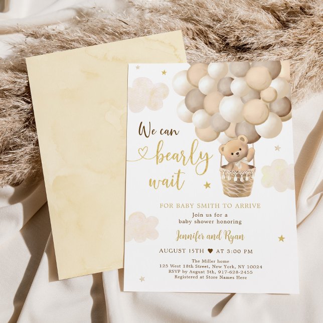 Nalle Luftballong Guld Baby Shower Inbjudningar (Skapare uppladdad)