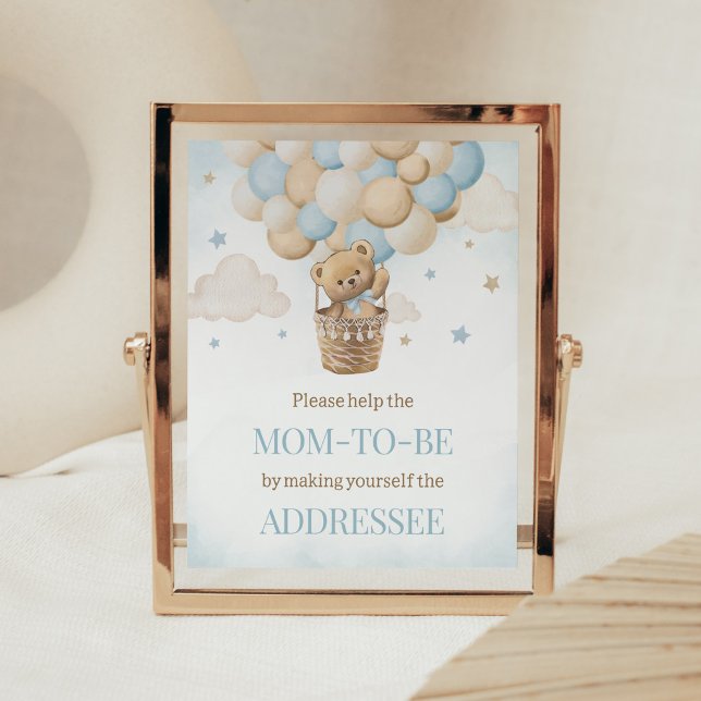 Nalle Luftballong Kuvert Station Poster (Boho Blue Bear Baby Shower Envelope Station Sign)