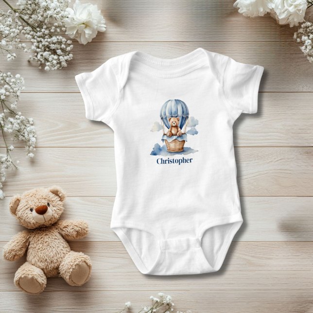 Nalle Luftballong Personlig Blue Boy T Shirt (Teddy Bear and Hot Air Balloon Blue Baby Boy Baby Body suit. Personalize it.)