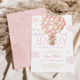 Nalle Luftballong Rosa Girl Baby Shower Inbjudningar
