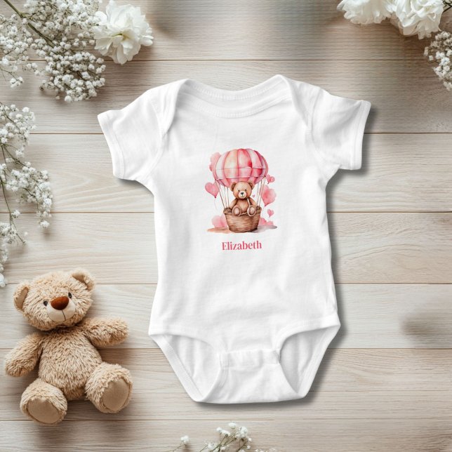 Nalle Luftballong Rosa Girl Girl Personlig T Shirt (Teddy Bear Pink Hot Air Balloon Personalized Baby Body suit. Baby shower or new baby gift)