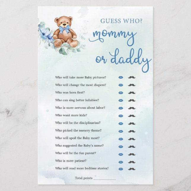 Nalle Mamma eller Pappa Boy Baby Shower Game (Framsida)