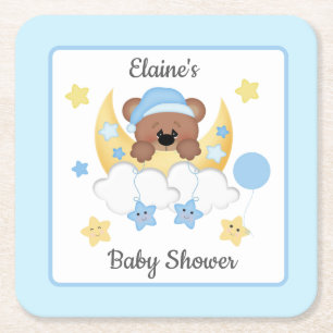 Nalle Måne Clouds Stars Pojke Shower Underlägg Papper Kvadrat