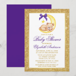 Nalle Måne Glitter Lila Baby Shower för  vid Guld Inbjudningar