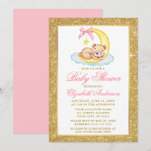 Nalle Måne Guld Glitter Babykläder Rosa Inbjudningar