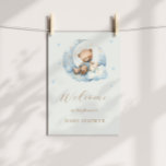 Nalle Måne över Måne babyduschen Poster<br><div class="desc">Vår "blå Nalle"-babyduschsamling har söt baby-björn med måne,  moln och ballonger tillsammans med elegantens skript "Barly wait". Den här samlingen levereras i två grundläggande färg och flera bakgrundskombinationer som du kan justera efter dina behov. Sök efter fler matchande objekt från den här samlingen i vår butik.</div>