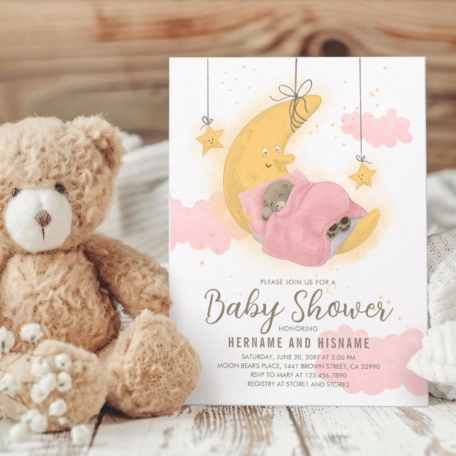 Nalle Måne Stars Girl Baby Shower Inbjudningar (Skapare uppladdad)