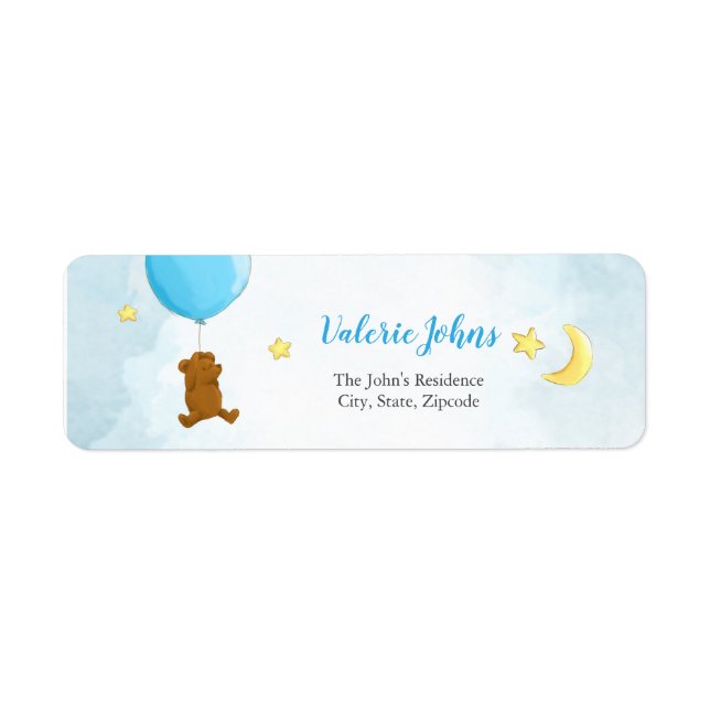 Nalle med babydusch i ballongen returadress etikett (Framsidan)