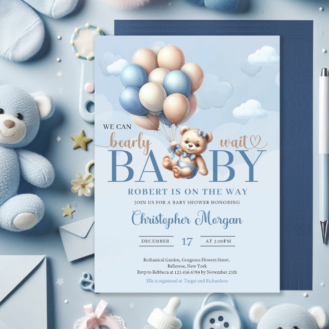 Nalle med ballonger från himlar inbjudningar (We can bearly wait - boy baby shower invitation teddy bear blue and brown balloons)